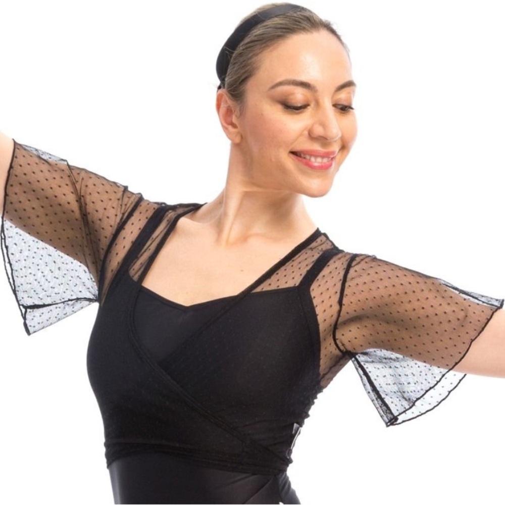 Ballet Beautiful Black Sheer Swiss Dot Wrap Flutter Sleeve Top Small 🖤